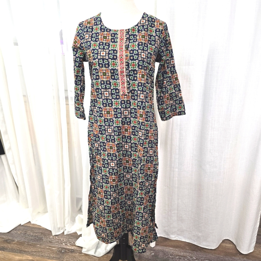 2/$30 Rhyvaa Long Abstract‎ Indian Print Kurti Dress Tunic Size M Cotton